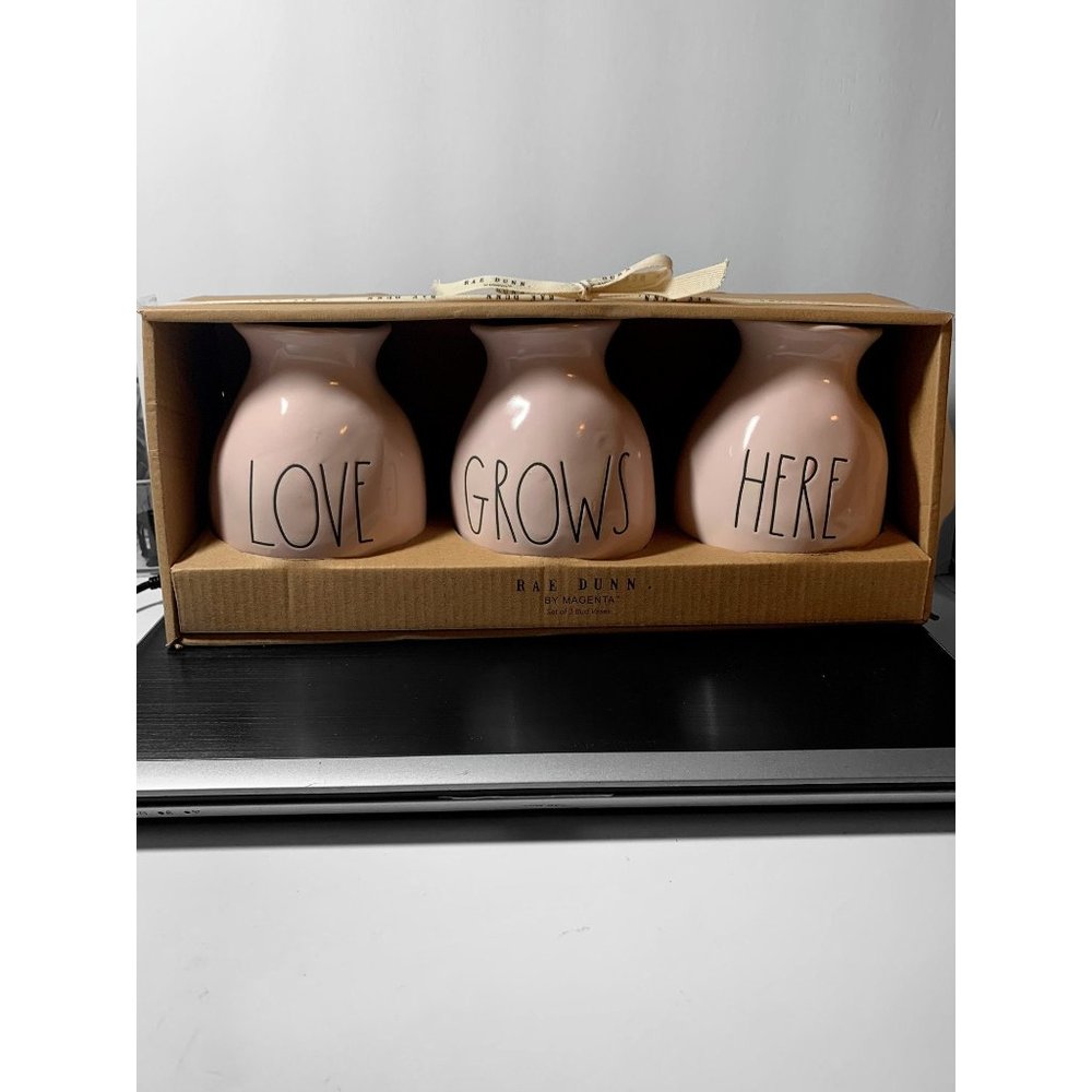 RAE DUNN Pink Love Grows Here Mini Ceramic Vases NWT